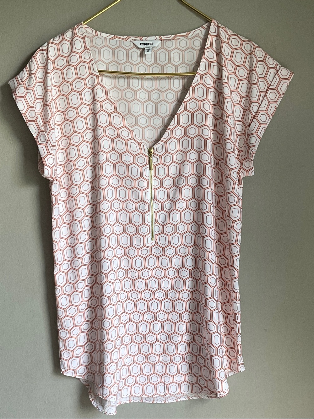 Express Pink Geo Print Zip-Front V-Neck Blouse